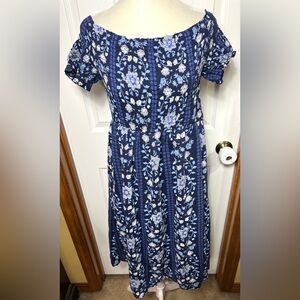 Old Navy Midi Dress Sundress Smocked Bodice Off Shoulder Bohemian Blue Floral L